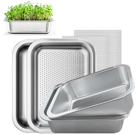 RATSTONE Kit di 2 Vassoi Germogliatore,Ciotola 2 in 1 con Doppia Dimensione, Acciaio Inox, Lavabile in Lavastoviglie,per Coltivare Erba di Grano Sana, Kit per Piantine di Piante da Interno