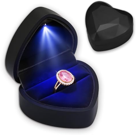 Ring Box With LED Light, Heart Shaped Velvet Ring Box with LED, Auto Lighted Up Jewellery Gift Box, Wedding Ring Box, Luxury Storage Box for Engagement Proposal Wedding Display Valentine Gift(Black)