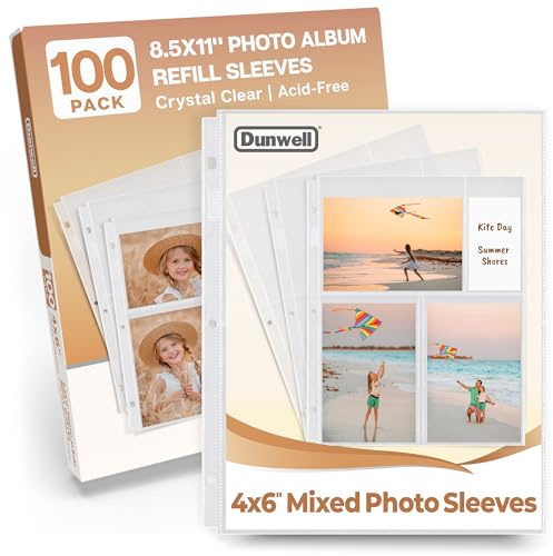 Dunwell Photo Sleeves for 3-Ring Binder, (4x6 Mixed Format, 100 Pack) for 600 Pictures, Each Photo Page Sheet Holds Six 4 x 6 Pictures or Postcards, Acid-Free Poly 4x6 Album Refill Pages