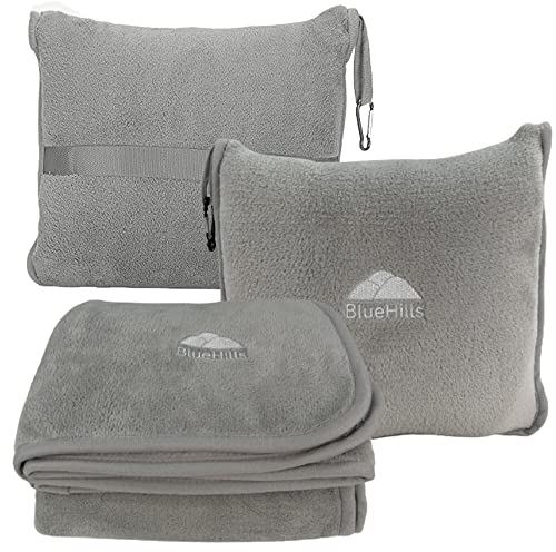 BlueHills Hochwertige, weiche Reisedecke, Kissen, Flugzeug, Decke, Überwurf in weicher Tasche, Kissenbezug mit Gepäckgürtel und Rucksackclip, kompakte Packung, große Decke, Hellgrau T024