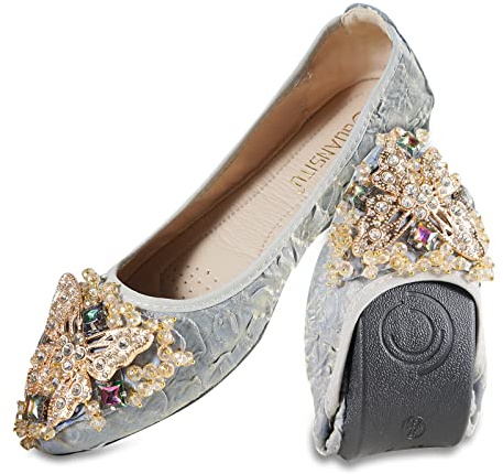 MACHSWON Women Ballet Flats Rhinestone Outdoor Wedding Ballerina Shoes Foldable Sparkly Comfort Slip on Flat Walking Shoes for Ladies(Light Blue Butterfly, Size 6)