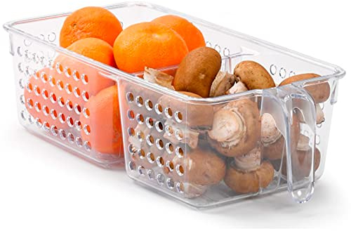 Tradineur - Cajón organizador para frigorífico reutilizable, 2 compartimentos, recipiente de plástico transparente con agujeros y asa, almacenar fruta, verdura, fabricado en España, 8,8 x 15,3 x 30 cm