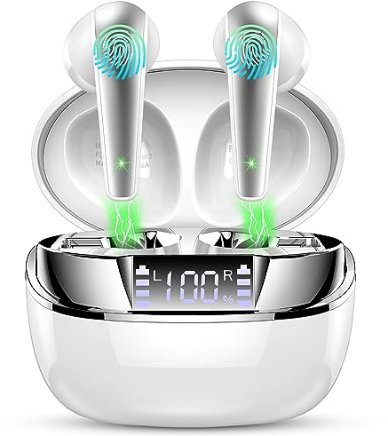 Auriculares Inalámbricos, Bluetooth 5.3 HiFi Estéreo con 4 ENC Mic, Cascos con Reducción de Ruido, 40H LED Pantalla In-Ear IP7 Impermeable Carga Rápida Blanco