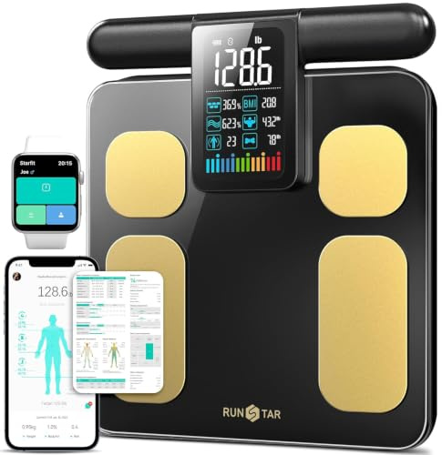 RunStar 8-Electrode Scale for Body Weight, Accurate Body Composition Scale with BMI Body Fat Muscle Mass 28 Metrics, Rechargeable Body Analyzer with Large Colorful Screen Handle, 400lb, BlackGold