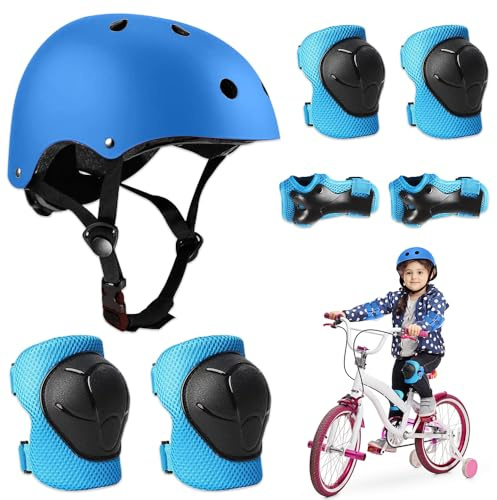 BNGXR Set di Casco Protezione Bambini, 5 in 1 Casco Bici Protezioni Set per 3-11 Anni Regolabile Polso Ginocchiere Protezione per Skateboard Hoverboard Pattini in Linea(Blu)