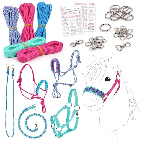 kullaloo DIY Hobby Horse Halter Kit & Tack Accessories ✦ Make Stick Horse Head Collars, Rope Halters & Reins ✦ Includes Digital Instructions (PDF) ✦ Teal/Mustard ✦ Aqua/Pink