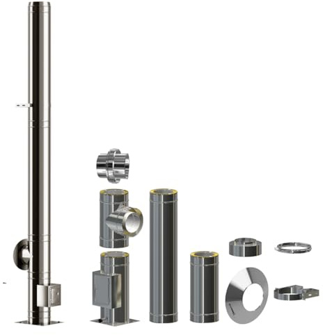 Edelstahlschornstein Bausatz doppelwandig | 0,5mm Wandung | 30mm Dämmung | DN 120mm gestreckte Länge 3,7m| Esse Schlot Kamin