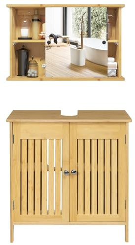 EUGAD Juego de Muebles de baño para Lavabo, Armario de baño con Espejo, Armario Colgante para baño de bambú
