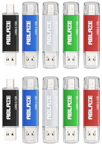 10 Stück USB C Stick 1GB OTG 2.0, ABLAZE Dual Speicherstick 2-IN-1 für Type-C Handy/Smartphone/Laptop/Notebook/PC