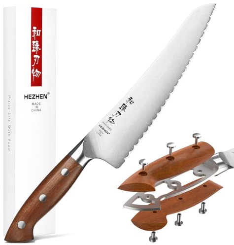 HEZHEN Coltello Surgelati, Acciaio Inox Coltello per Carne Pesce Congelata Lama Seghetta, Lama Dentata, Manico in Redwood