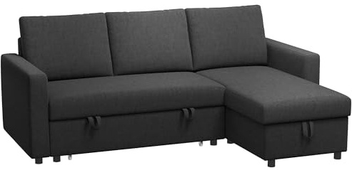 HOMCOM Sofá esquinero Convertible sofá cama sofá cama 3 plazas modular con chaise longue reversible, baúl de almacenamiento integrado y 3 cojines de respaldo, tejido de aspecto lino, negro