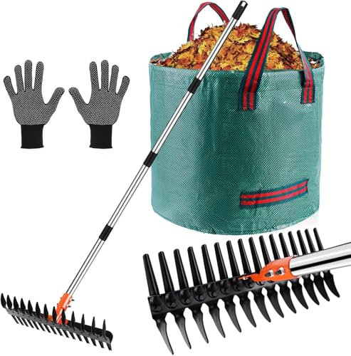 Tolia Thatch Rake - Heavy Duty Garden Rake with Upgraded Dual-Action Tines, Efficient Thatching Rake for Gardening with 145 cm Adjustable Handle, Grass Rakes with Reusable Yard Waste Bag & Gloves