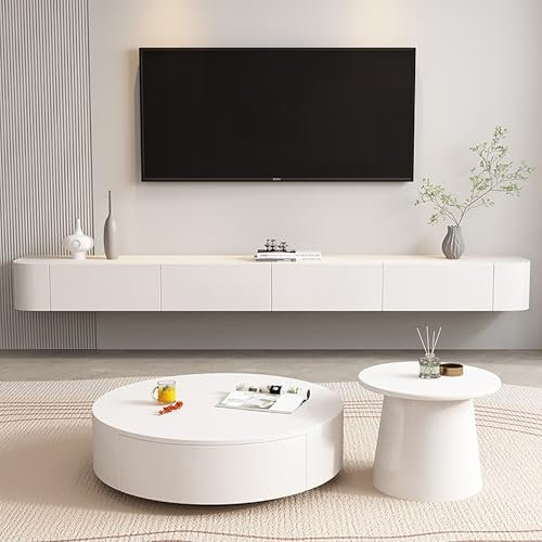 Meuble TV sur pied, meuble TV universel au sol, hauteur réglable, meuble TV flottant avec étagères en bois massif, console centrale de divertissement moderne fixée au mur avec grand espace d