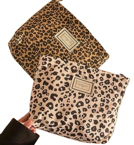 2PCS Leopard Print Makeup Bag, Flat Lay Makeup Bag Sunscreen Pouch Travel Accessories Portable Cosmetic Little Bags Zipper Pouch Toiletry Bags Travel Toiletry Washbag for Women Girls