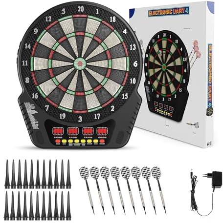 Cible Flechette Electronique, Jeu de Fléchettes Électronique avec 4 Écrans LCD, 27 Modèles de Jeux pour Jusqu’à 16 Joueurs, Fléchettes à Pointe Plastique Sécurisées pour Maison, Bureau et Bar