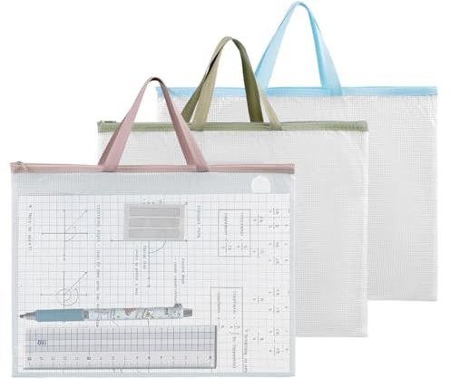 VEGCOO 3 Pack A3 Mesh Art Portfolio Bag, Waterproof Portfolio Folder for Artworks, Transparent Portfolio Case, Zipper and Handle Art Carrying Storage Bag for Posters Drawings (A3)