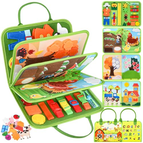 Busy Board Montessori Toys for Toddlers: Busy Book for 3-5 Year Old, Green | Farm Theme Quiet Book Educational Activity Books with Life Skills Sensory Board for Boy Girl Kid Gift, Travel Airplane Car