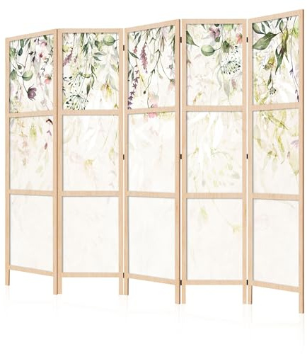 LUMASOUL Biombo Separador de Ambientes Unilateral - en Estilo Japonés - Biombos Separadores de 5 Paneles - Biombos Decorativos para Divisor Ambientes - Motivo Flores - 225x172 cm