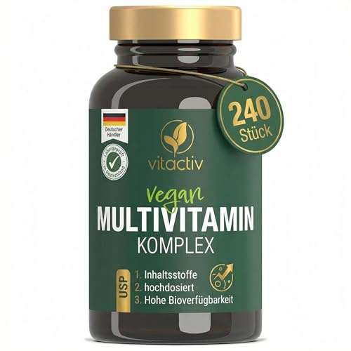 VITACTIV Multivitamin Komplex - 240 Multivitamin Tabletten - Vitamine A-Z plus Spurenelemente, ohne Vitamin K - Für z.B. Immunsystem - Hohe Bioverfügbarkeit, Hochdosiert, Vegan - Laborgeprüft in DE