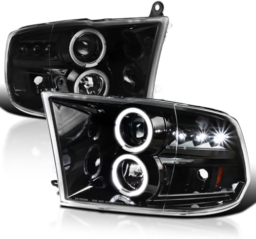 SPEC-D TUNING Jet Black LED Dual Halo Projector Headlights Compatible with 2009-2018 Dodge Ram 1500, 2010-2018 Dodge Ram 2500/3500, Left + Right Pair Headlamps Assembly