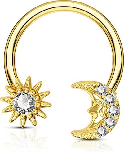 OUFER Bijouterie Piercing en Acier Chirurgical 316L, Anneau Nez Helix Piercing 16G, Design Étoiles et Lune avec CZ, 10 mm, 0,02 kg, Unisexe, Or, Degré de l'implant