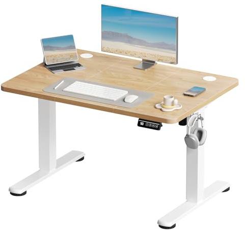 Devoko Electric Standing Desk 100x60cm Sit Stand Table Height Adjustable Desk with Backpack Hook and Memory Smart Panel, Home Office Table with Splice Board, Beige