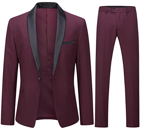 YOUTHUP - Traje de hombre de 2 piezas, ajuste slim, con bufanda, solapa, 1 botón, esmoquin para boda y cena, blazer y pantalones, rojo vino, M