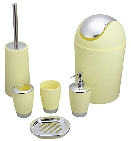 PITRAK 6 teiliges Badezimmer Accessoires Set, Lotionsflaschen, Zahnbürstenhalter, Zahnbecher, Seifenschale, Toilettenbürste, Mülleimer, Badeset aus Kunststoff (Gelb)