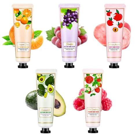 Mains Crèmes pour Mains Femme Cadeau,Crème Pour Les Mains Parfumée Aux Fruits,Cremes Mains Hydratante,pour Noël, Saint-Valentin, Anniversaire pour Maman Petite Amie,5 arômes de fruits,5pcs