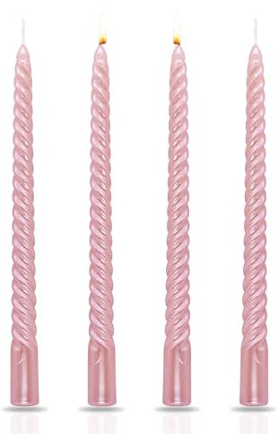 TOPWAYS Dinner Candles, Pink Taper Candles Pillar Spiral Twisted Candles Non Drip Long 8 Hour Burn Time Non Scented Decorative Candles for Valentine's Day Christmas Birthday Party (4 Pack)