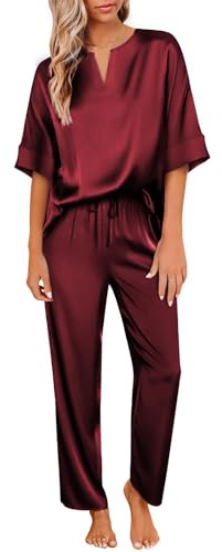 Ekouaer Women's Satin Short Sleeve Pajama Set Long Pants XS-XXL | V Neck,Oversized Fit,Wide Leg,Side Pockets,Elastic Waist,Lightweight,Soft,Loungewear