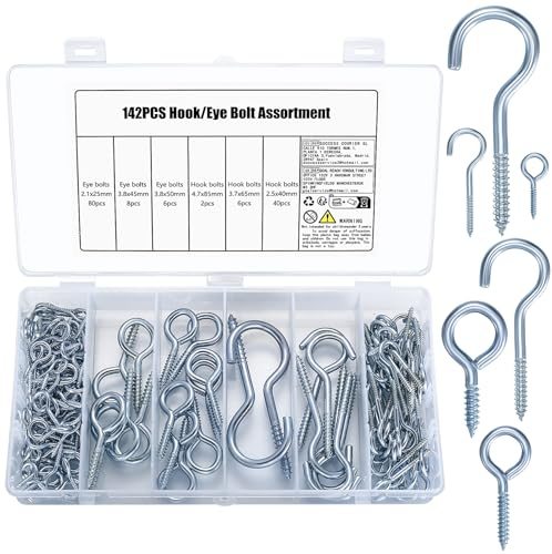 142 Stück Schraubhaken Set: 94 Ösenschrauben, 48 Hakenschrauben mit Gewinde, Deckenhaken, Schraubösen, Ringschraube, Ösenhaken, Einschraubhaken zum Schraubhaken, für Garten, Holz, Blumenampel