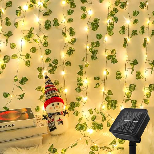 Lierre Artificiel Guirlande Lumineuse Solaire, Guirlande Lumineuse solaire,10M 100 LEDs Guirlande Solaire Extérieure avec Feuilles 8 Modes Étanche Lumiere,PR Jardin, Fête de Mariage Noël Décoration