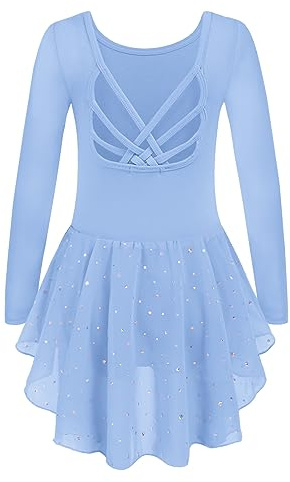 Arshiner Ballettkleidung Mädchen Ballettkleid Langarm Ballett Trikot Ballettrock Kinder Ballettanzug Rückenfrei Tanzkleid mit Tutu Blau 120/2-3 Jahre
