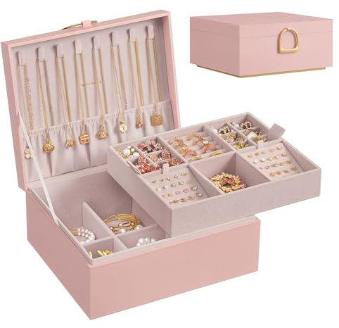 SONGMICS Joyero 2 Capas, Joyero con Asa, Bandeja Flexible para Joyas, Caja para Joyas, Efecto Flotante, 20,5 x 24 x 11 cm, Idea Regalo, Rosa Jalea JBC165R01