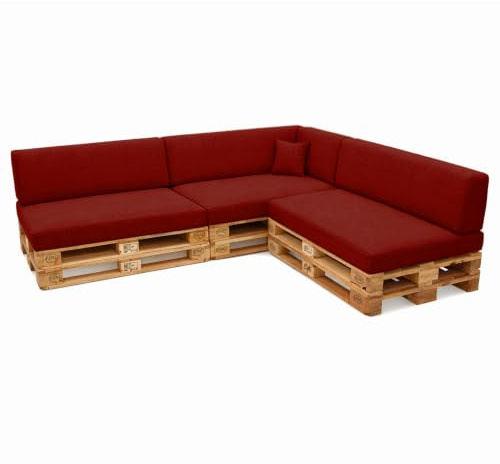 POKAR Euro Pallet Seating Set of 8: 3x seats 120x80cm + 3x back cushions 120x40cm+ 1x side cushion 60x40cm + 1x decorative pillow 40x40cm, cold foam, Garden Furniture, without pallets, Dark Red