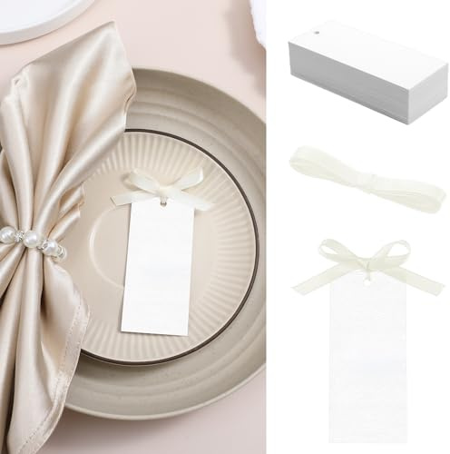 50Pcs Name Cards for Table Setting, Beige Blank Textured Paper Name Cards with Satin Ribbon, 3.54 x 1.57 Inch Wedding Place Card for Weddings Party Celebrations