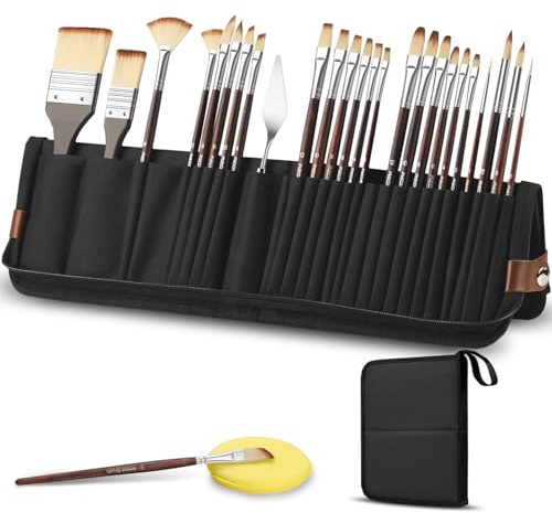 26 pezzi set di pennelli acrilici professionali con forma piatta,fiore,cappuccio,unghia di gatto,rotonda e angolare,coltello per palette,pennelli per olio,acquarello,ritocco facciale,gouache