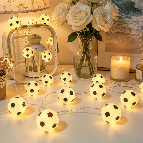 Foreverup Ljusslinga för fotboll, 1,5 m, 10 LED-fotbollsformad ljuskedja, varm vit fotboll, ljuskedjor, batteridriven, dekoration för barnrum, sovrum, fest, fotbollsfans