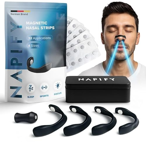 Magnetic Nasal Strips (32 Days) – Magnetic Nose Strip for Snoring – Strong Adhesive from Germany – for Free Breathing, Sports Performance & More Focus Anti-Snoring Stopper- Nap-S03