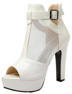 Générique Bottines Femmes Bout Peep Toe Effet Croc Et Maille Bride Cheville Plateforme Talon Bloc Boucle Réglable PU pour Bureau Cocktail Soirée Quotidien Printemps Été