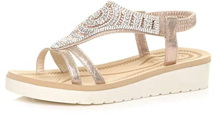Ajvani Womens Ladies Low Wedge Heel Flatform Diamante t-bar Slingback Sandals - Rose Gold - 7 UK