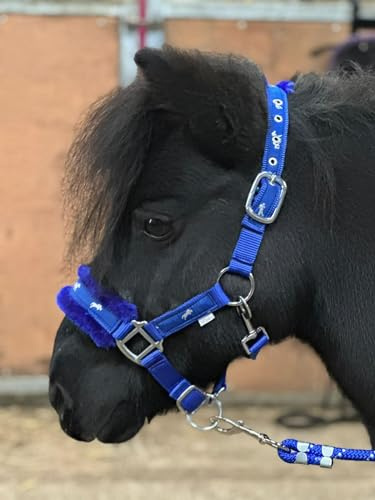Equipride - Cavezza per cavalli con stampa motivo cavalli, in nylon e finta pelliccia imbottita, con lunghina, colore blu reale (pony)