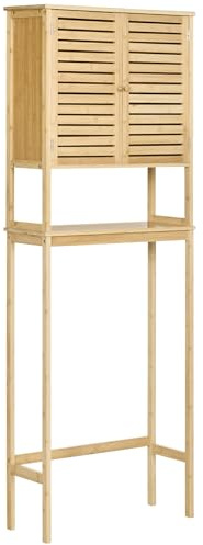 kleankin toaletthylla med skåp 60 x 23 x 173 cm bambu | Toalettskåp, övertoalett, 2 dörrar, öppen hylla