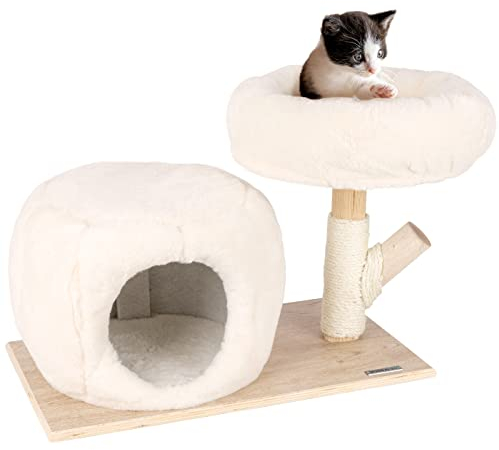 VOSS.PET Flauschiges Katzenhaus Mary 42cm, Premium Kratzbaum mit Naturholz vom Tanoak Baum, Kletterbaum mit Echtholzstamm