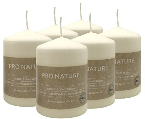 Müller Kerzen PRO NATURE Candele Avorio - Set di 6 Candele Steariche - 6,8 x 10 cm - Durata 20 Ore - Cera Naturale Senza Paraffina e Olio di Palma - Non Profumate - Qualità RAL