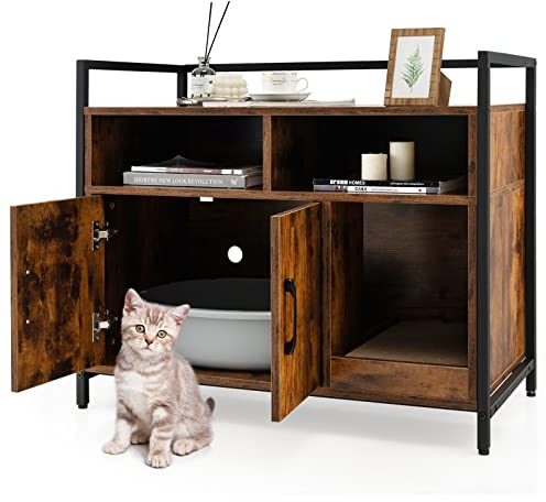 GYMAX Hidden Kitty Litter Box Enclosure, Wooden Washroom Storage Cabinet Nightstand Side Table with Scratching Board and Shelves, Cat House Pet Crate for Kitten & Large Cat (Coffee)