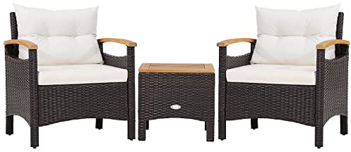 COSTWAY 3-Piece Rattan Bistro Set, Patio Sofa Set Garden Table and Chairs with Cushions, Outdoor Furniture Acacia Wood Wicker Conservatory Set for Balcony Backyard Poolside (White)