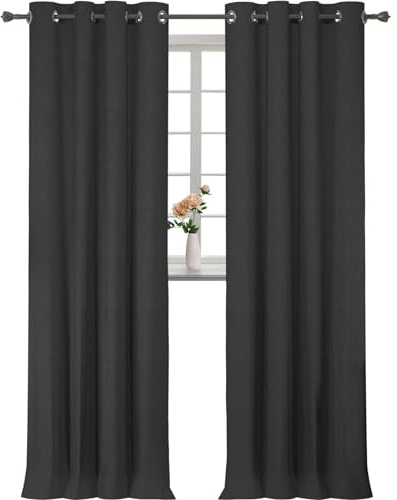 YSTELLAA 100% Mörkläggningsgardin 2 Stycken, 140 X 300 CM, linne dekorativ, Sovrum Termiska Gardiner Med Öljetter, Ljudisoleringsgardin, Värmeisolerande Gardiner För Vardagsrum, Svart