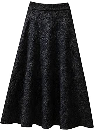 Gonne lunghe da donna estive da donna in jacquard floreale a vita alta gonna midi swing gonne in maglia per le donne, Nero , M
